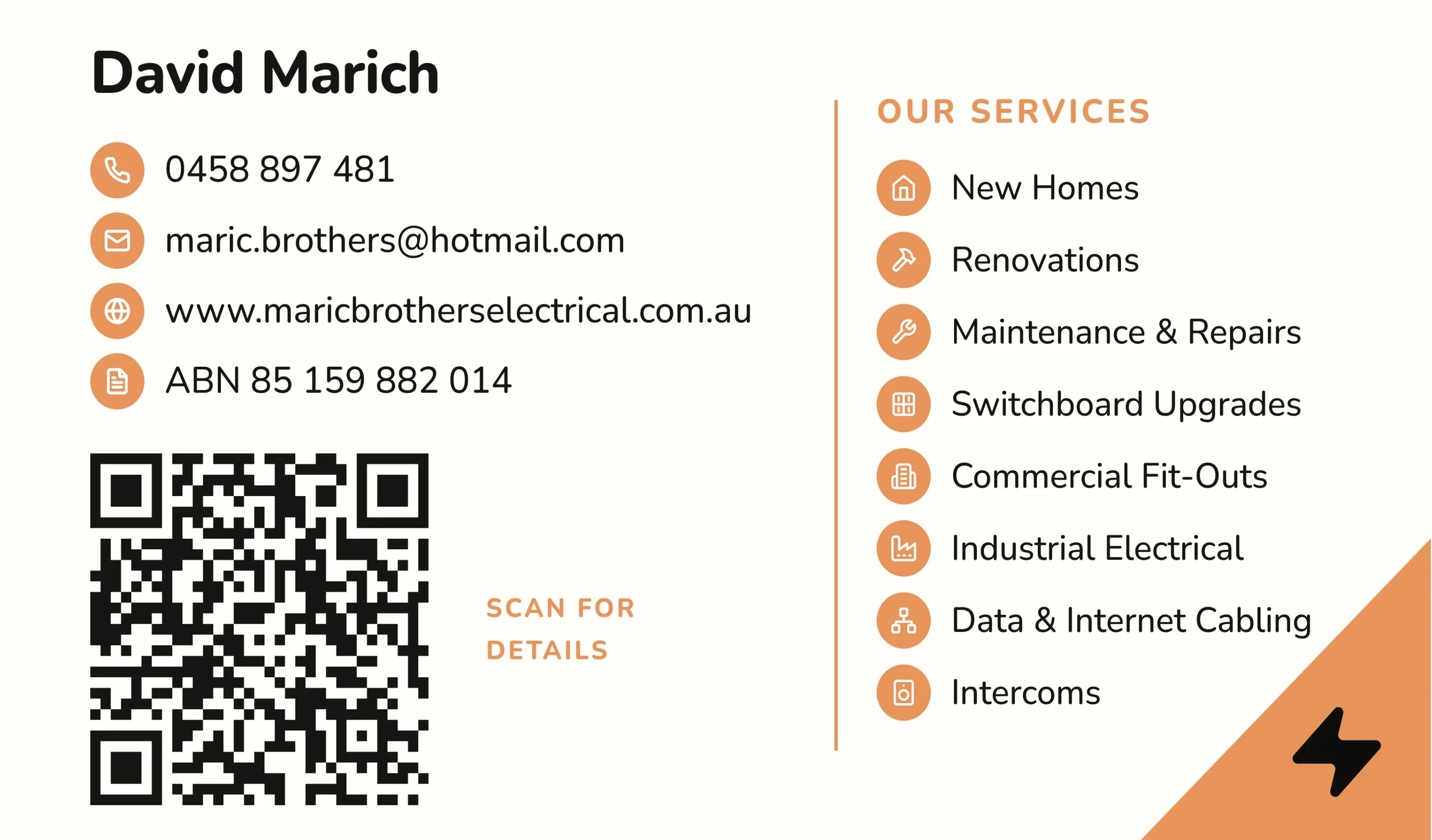 Reverse of the Maric Brothers Electrical business card — contact details and a QR code on the left, a list of services on the right