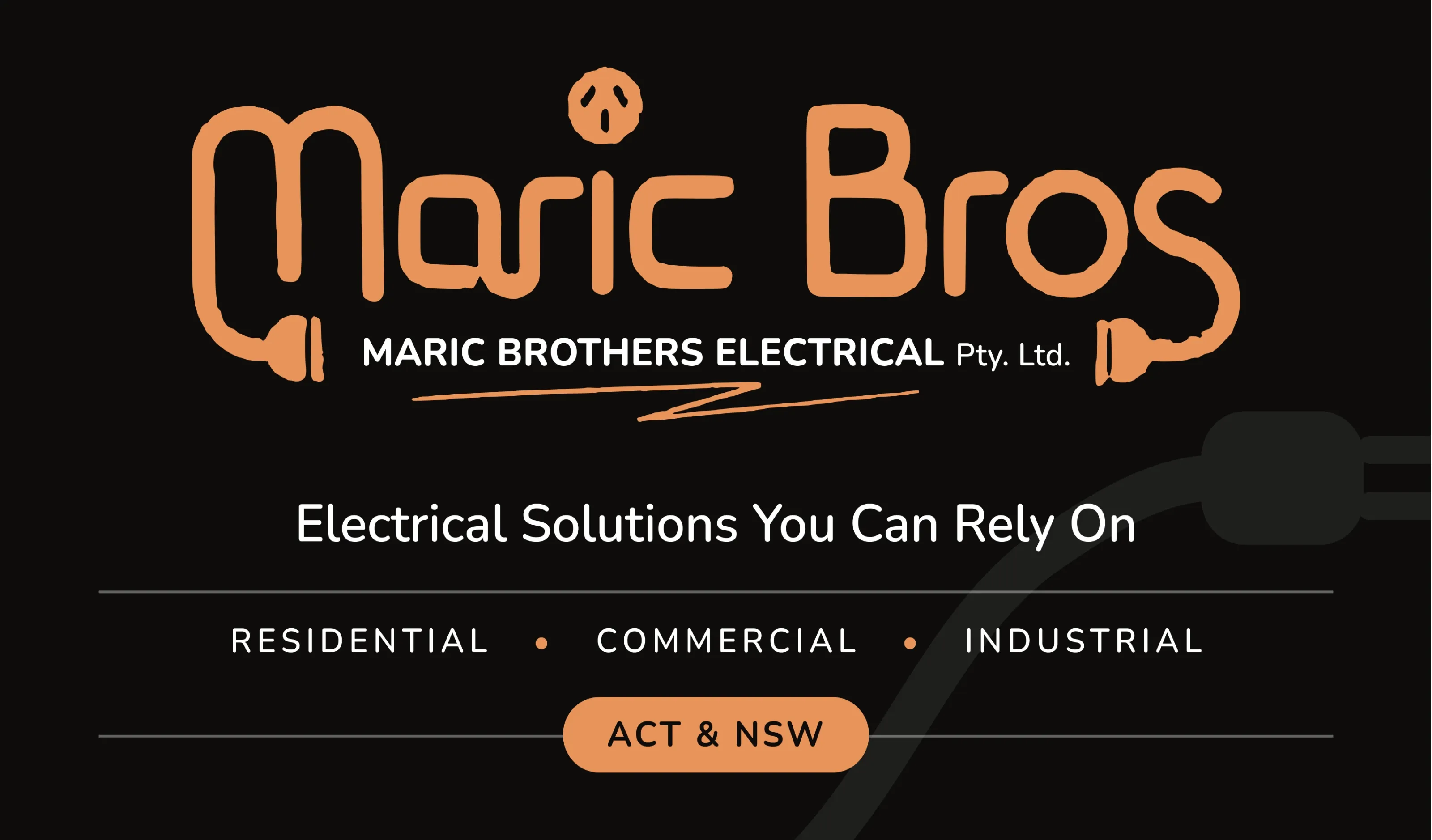 Front of the Maric Brothers Electrical business card — a hand-drawn orange wordmark on black, above residential, commercial and industrial service lines